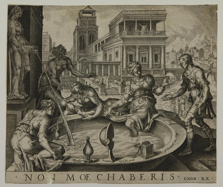 «Не прелюбодействуй» (Вирсавия получает весть от Давида). Лист 6 из серии «Десять заповедей». Мартен ван Хемскерк. Гравер Хармен Мюллер. Время создания доски: около 1566 | Источник: ГМИИ им. А.&nbsp;С.&nbsp;Пушкина