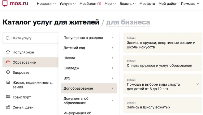 Так выглядит меню выбора дополнительного образования | Источник: Mos.ru