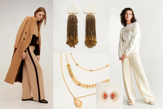 Двухцветный джемпер Mango — 2799 рублей, трикотажные брюки с лампасами Mango — 2999 рублей, серьги с подвесками Mango — 899 рублей, ожерелье Mango — 749 рублей, серьги со смолой Mango — 749 рублей, хлопковый свитшот с надписью Mango — 999 рублей, брюки-палаццо Mango — 2499 рублей | Источник: Mango, Полина Авдошина