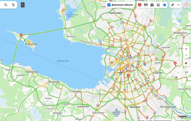 Петербургские дороги «покраснели» к часу пик сильнее обычного | Источник: «Яндекс.Пробки»