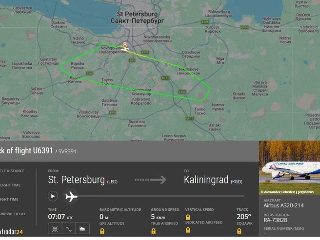 Рейс в Калининград прерван из-за неисправности шасси | Источник: flightradar24.com
