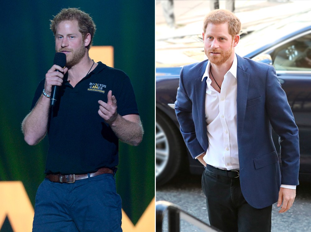 На контрасте: принц Гарри 12 мая 2016 года (незадолго до встречи с Меган Маркл) и он же 26 апреля 2018 года (менее, чем за месяц до свадьбы). | marieclaire.ru