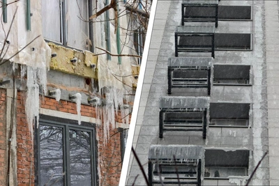 Pipe leak creates frozen waterfall on Ufa apartment building