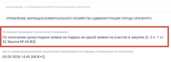 Тендер провален | Источник: «Госзакупки»