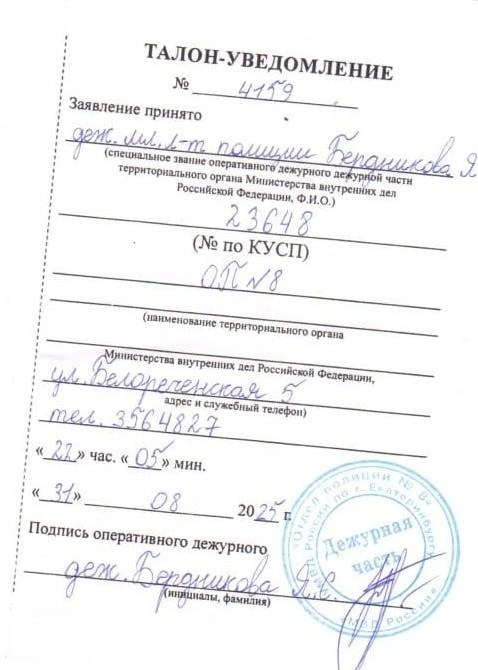 Заявление зарегистрировали в отделе полиции № 8 | Источник: читатель E1.RU