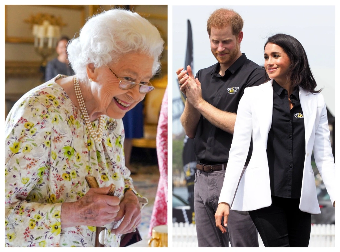 Елизавета II в Виндзорском замке, 25 марта 2022; принц Гарри и герцогиня Меган на острове Какаду в первый день Invictus Games в Сиднее, 20 октября 2018 | marieclaire.ru