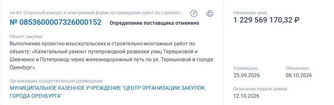 Определение поставщика отменено | Источник: «Госзакупки»