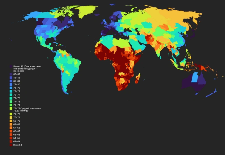 Карта: продолжительность жизни людей в зависимости от региона проживания