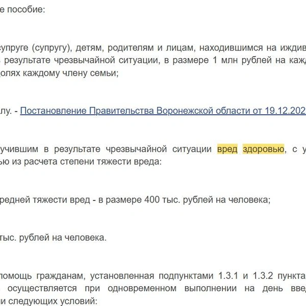 Выдержка из Постановления правительства Воронежской области № 147 о выплатах пострадавшим при природных и техногенных ЧС. Даже по нему тем, кто получил тяжёлые ранения, положено 400 тысяч, а не 300 тысяч | Источник: docs.cntd.ru