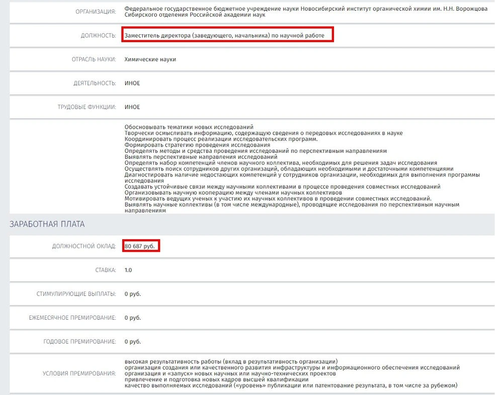 Например, в этом институте зарплата заместителя директора по научной работе выше, чем указанная в примере (54 032) | Источник: Ученые-исследователи.рф