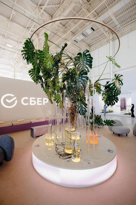 Благодаря необычному дизайну, который напоминает морскую гальку, устройство стало частью арт-объекта на выставке CosMoscow | Источник: пресс-служба «Сбера»