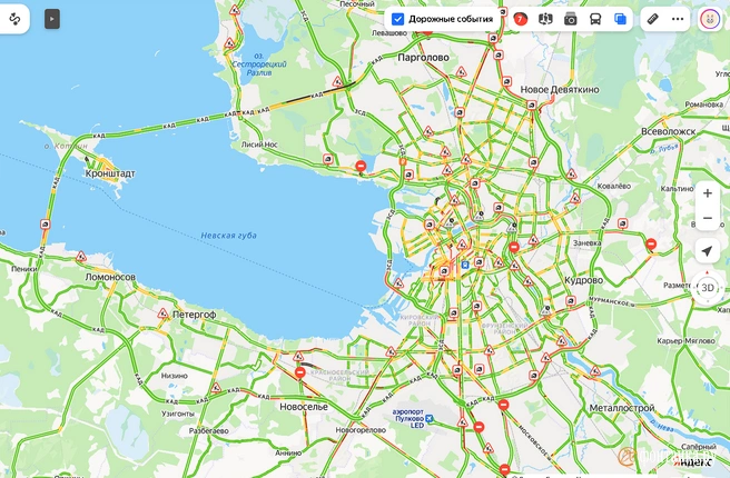 В Петербурге резко выросли пробки на дорогах | Источник: Яндекс.Карты