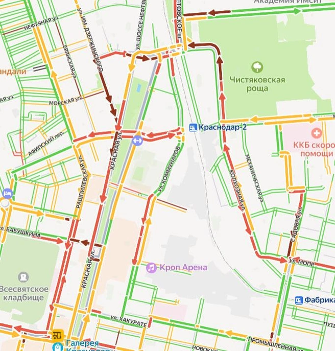 Пробки в центре Краснодара | Источник: yandex.ru/maps