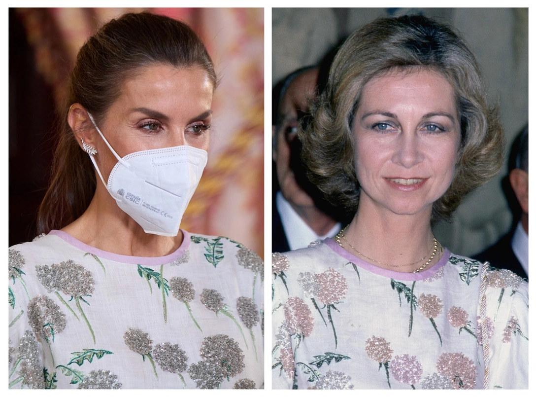 Королева Летиция в Королевском дворце в Мадриде, 7 сентября 2021; королева София во время визита в Рим, 1981 | marieclaire.ru