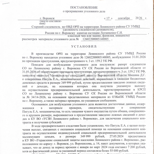 Постановление, согласно которому уголовное дело в отношении Елизаветы Пигуль прекращено | Источник: предоставлено Елизаветой Пигуль
