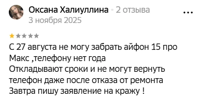 Оксана расценивает действия сервисного центра как уголовное преступление | Источник: 2ГИС