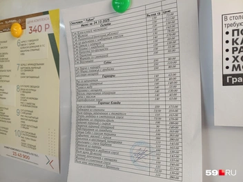 Судя по распечатанному меню на доске перед раздачей, ассортимент здесь обновляют каждый день | Источник: Кирилл Хафизов / 59.RU