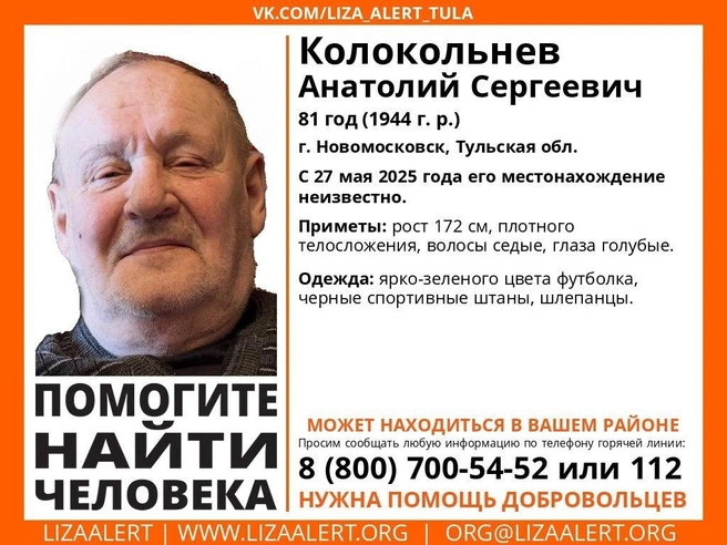 Ориентировка на пропавшего | Источник: Поисковый отряд «ЛизаАлерт» Тульской области