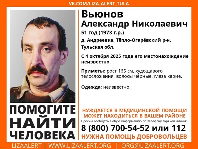 Ориентировка на пропавшего | Источник: Поисковый отряд «ЛизаАлерт» Тульской области / ВКонтакте
