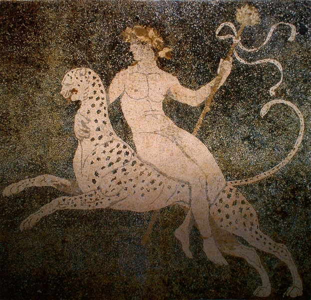 Мозаика «Дионис верхом на гепарде» на полу «Дома Диониса». Археологический музей Пеллы, Греция | Источник: «House of Dionysos» at Pella, Greece, Public Domain