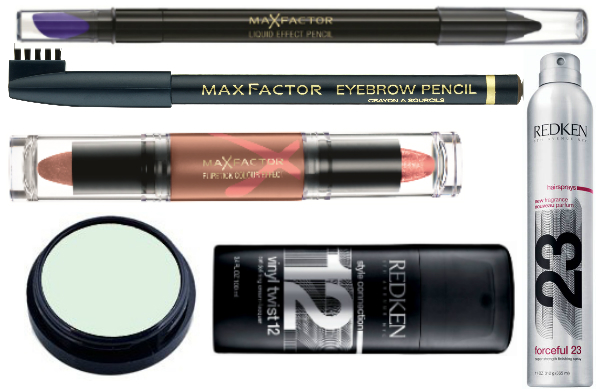 Косметика MaxFactor: Карандаш для глаз Liquid Effect Pencil (№10 Black Fire), 350 руб. Карандаш для бровей Eyebrow Pencil (№2 Hazel), 221 руб. Блеск для губ Flipstick Colour Effect (№40 Melody Brown), 480 руб. Тени Earth Spirits (№ 125 Modernist Green), 238 руб. Средства для волос Redken: Крем-лак для очерченных кудрей "Винил Твист 12". Спрей супер-сильной фиксации для завершения укладки волос "Форсфул 23", 1200 руб.