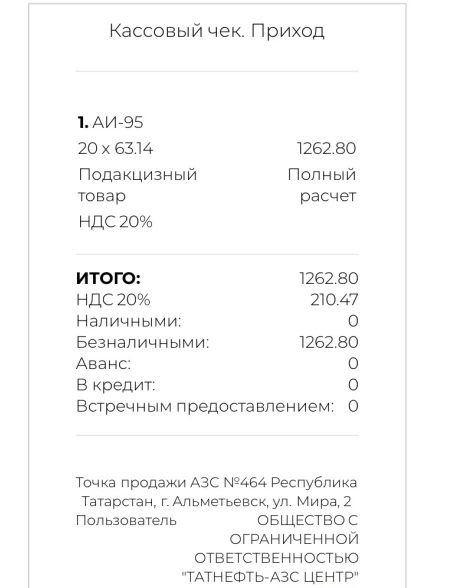 20 литров 95-го бензина стоит примерно 1262 рубля | Источник: предоставлено читателем 116.RU