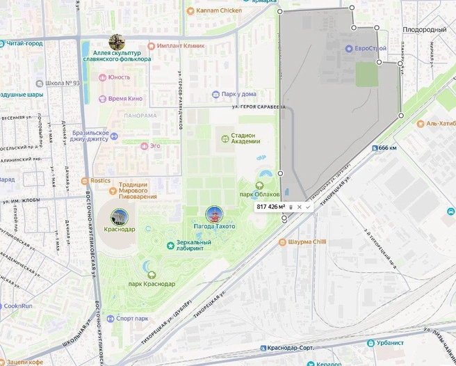 На карте выделена территория, где появится новая часть парка | Источник: rodriguezkrd / T.me