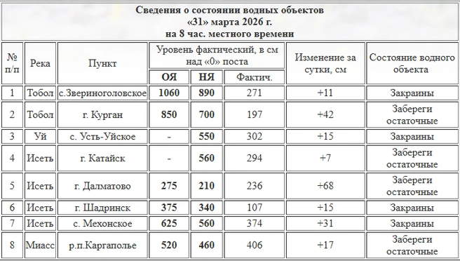 Уровень воды в реках Зауралья на 31 марта | Источник: Курганский ЦГМС