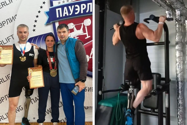 Ни боль, ни протез не помешали Евгению в этом году на соревнованиях отжать от груди вес в 160&nbsp;килограммов | Источник: Евгений Фирсов
