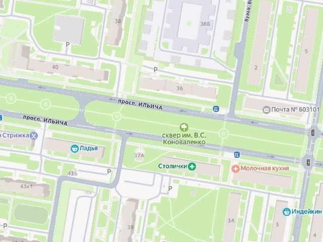 На интернет-картах сквер вдоль проспекта Ильича уже фигурирует под именем Виктора Коноваленко. | Источник: «Яндекс Карты»
