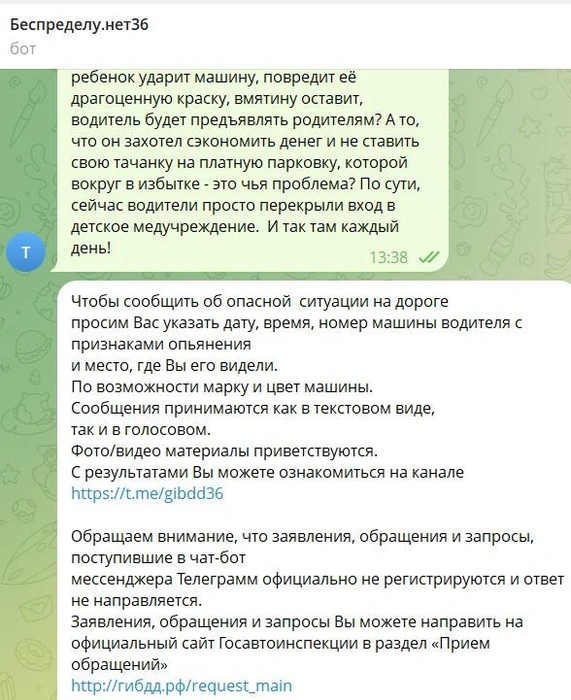 Чат-бот предложил пожаловаться на нарушителей через сайт ГИБДД | Источник: Чат-бот Госавтоинспекции Воронежской области / t.me/Bespredelu_net36_bot