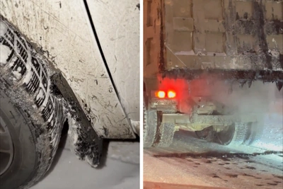 Мазутные лужи от грузовика на улице Дружбы в Тюмени