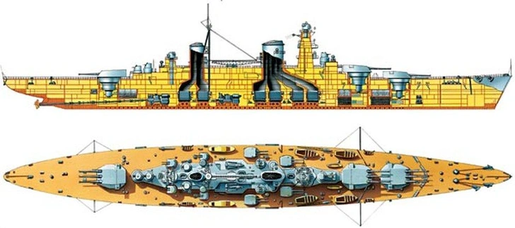 Тяжелый крейсер «Кронштадт» заложен в 1939 г., но не достроен. Полное водоизмещение 41 540 т. Длина наибольшая — 250,5 м, ширина — 31,6 м, осадка — 9,5 м. Мощность турбин — 201 000 л. с., скорость — 33 узла (61 км/ч). Толщина бортовой брони — до 230 мм, башен — до 330 мм. Вооружение: 9 305-мм и 8 — 152-мм орудий, 8 — 100-мм зенитных пушек, 28 — 37-мм автоматов, 2 гидросамолета | Источник: Михаил Дмитриев