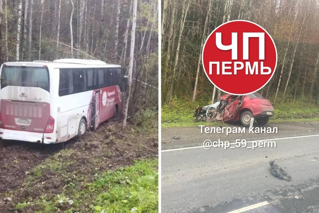 Автобус съехал в кювет, где врезался в деревья, а от иномарки почти ничего не осталось | Источник: Прокуратура Пермского края; ЧП Пермь / Telegram