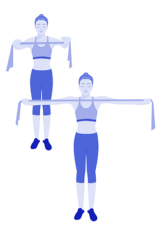 Разведение рукПрорабатывает заднюю поверхность плеча. Исходное положение: ноги на ширине плеч, руки прямо перед собой держат эластичную ленту, ладони вниз. Плавно начинайте раздвигать руки в стороны – так, чтобы соприкоснулись лопатки. Медленно вернитесь в исходное положение.