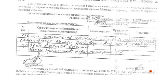 В описи сказано, что должнику дали забрать вещи первой необходимости | Источник: читатель E1.RU Иван