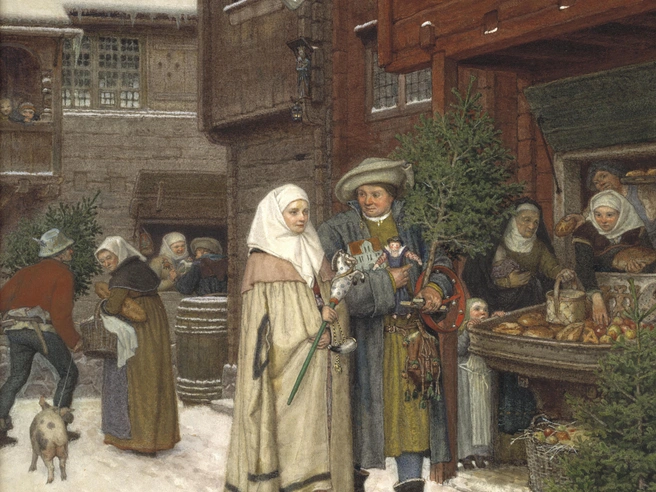 Картина Георга Иоганна Отто фон Розена «Рождественская ярмарка» (1872 год) отражает, как елка и связанные с ней атрибуты становятся частью праздничной культуры. | Источник: Album / Heritage Art/Heritage Images via Legion Media