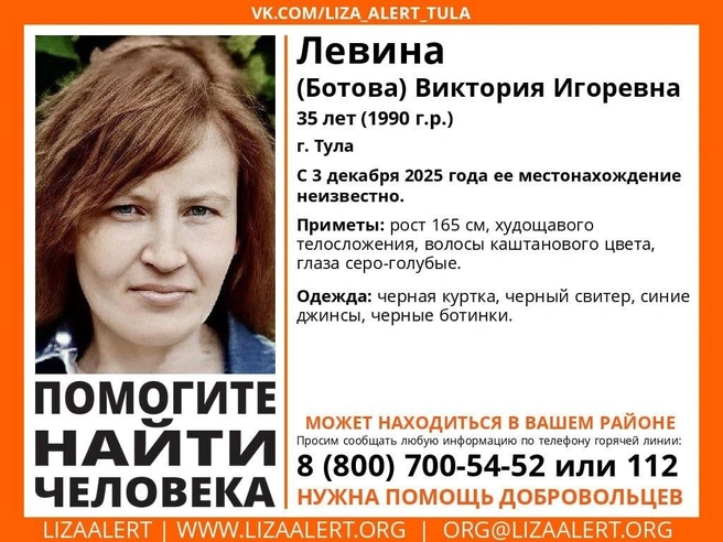 Ориентировка на пропавшую женщину | Источник: Поисковый отряд «ЛизаАлерт» Тульской области / Вконтакте