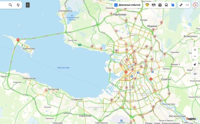 Необычные пробки выросли в Петербурге. На КАД затор собирает ДТП | Источник: «Яндекс.Карты»