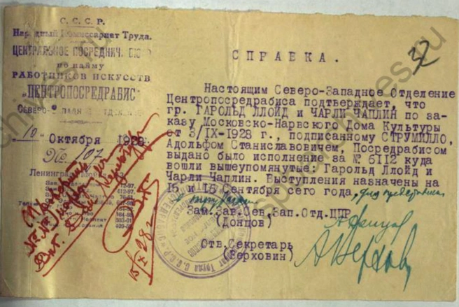 Источник: Справка о выступлении Чарли Чаплина в Московско-Нарвском ДК 15 и 16 сентября 1928 года