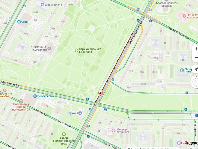 Днем пробка на Пискаревском проспекте достигала 8 баллов, позже движение нормализовалось | Источник: «Яндекс.Карты»