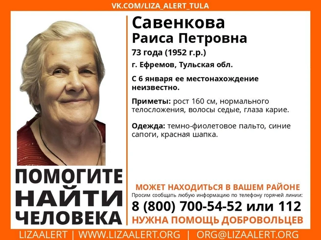 Ориентировка на пропавшего человека | Источник: Поисковый отряд «ЛизаАлерт» Тульской области / ВКонтакте