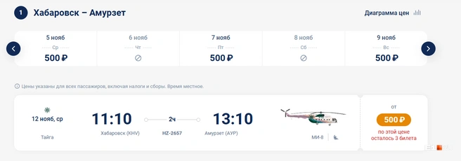 Билет на вертолет обошелся всего в 500 рублей | Источник: онлайн-сервис по покупке билетов