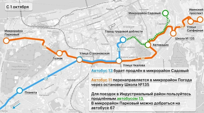 Так пойдут автобусы № 11 и 13 | Источник: пресс-служба департамента транспорта Перми