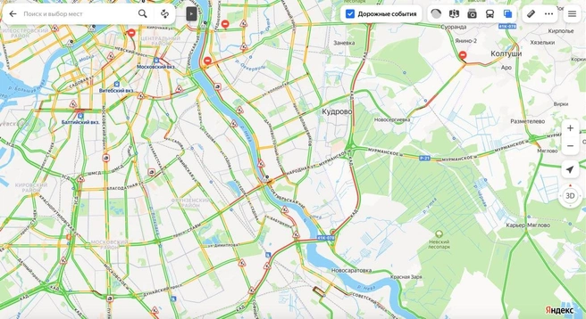 Многокилометровые пробки на КАД и очередь из автобусов на Парашютной. Где сейчас плотно | Источник: «Яндекс.Карты»