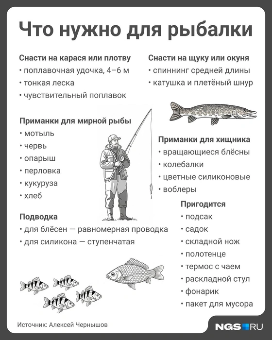 Всё, что нужно для рыбалки, — в одной картинке | Источник: Юрий Орлов / NGS.RU
