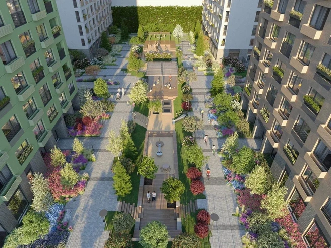 Особое внимание в ЖК уделено единству с природой&nbsp;— каждый дом гармонично вписан в ландшафт с перепадами высот | Источник: Мидгард