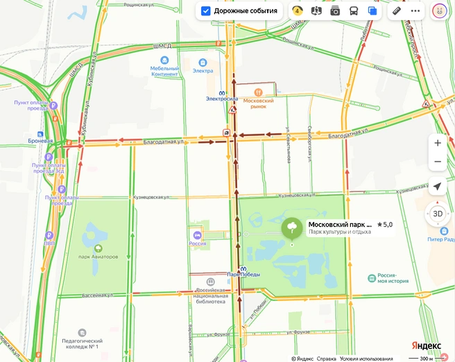 Московский проспект застрял в мертвой пробке: люди стоят часами | Источник: «Яндекс.Карты»
