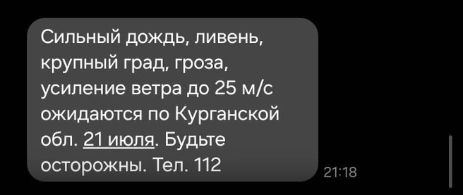 СМС-оповещение от РСЧС | Источник: Читатель 45.RU