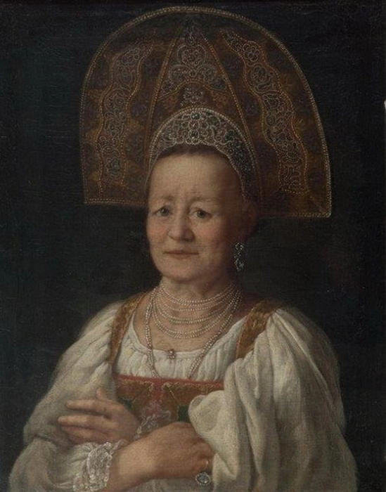 «Портрет купчихи в кокошнике», Дрождин (Дрожжин) Петр Семенович, 1796 г. | Источник: Государственный каталог музейного фонда Российской Федерации